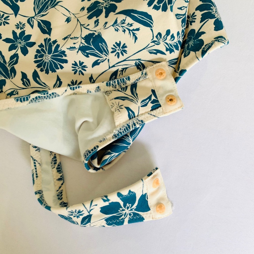 Free People Bodysuit Women S Cream Blue Floral One Shoulder Puff‎ Sleeve Boho - Picture 6 of 12